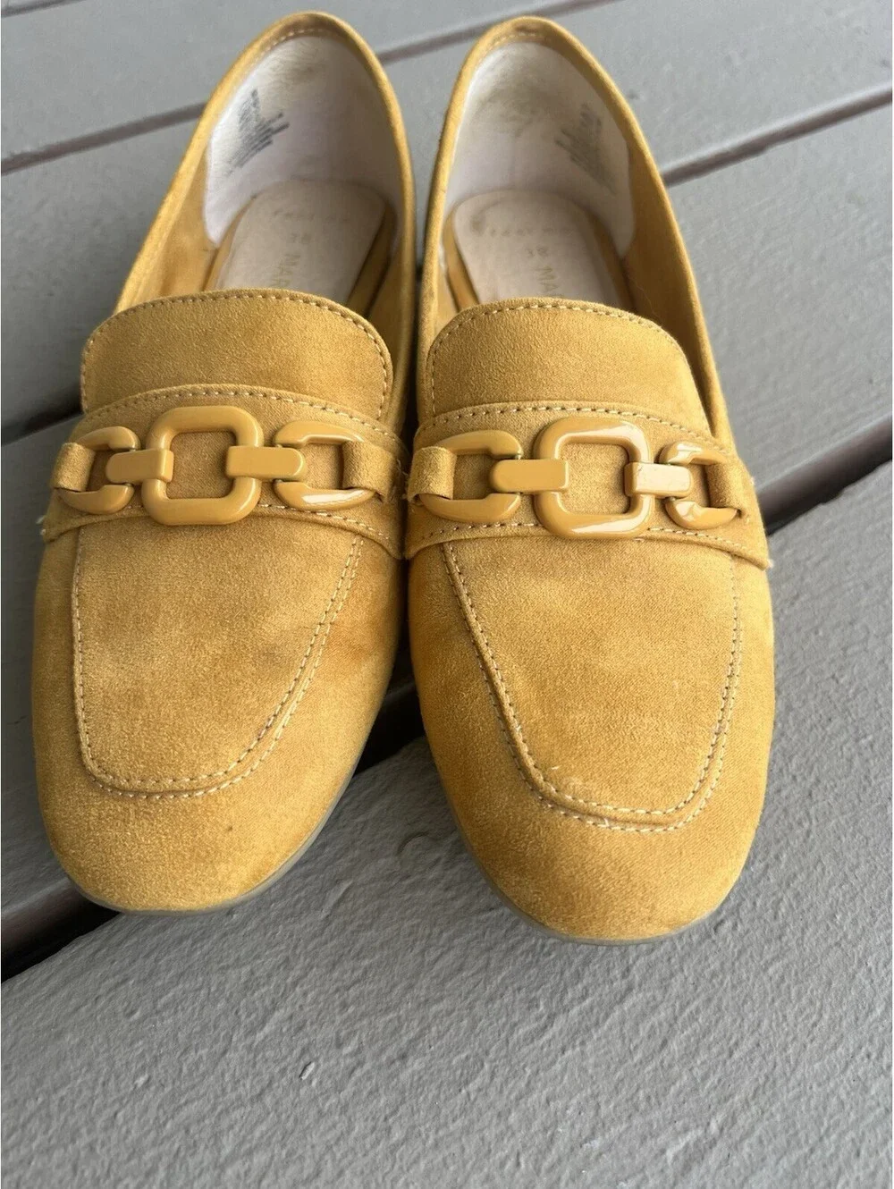 Marco Tozzi mustard yellow suede loafers chain buckle 38 Women’s 7.5